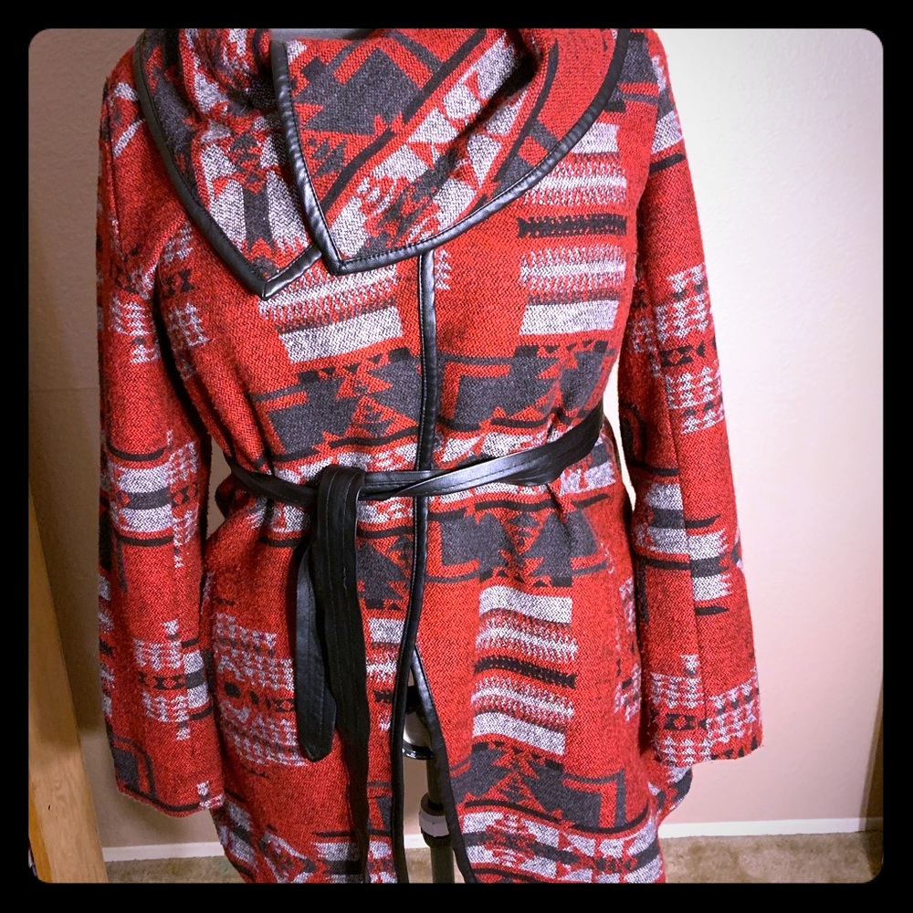 Red Print Coat with Cowl Neck